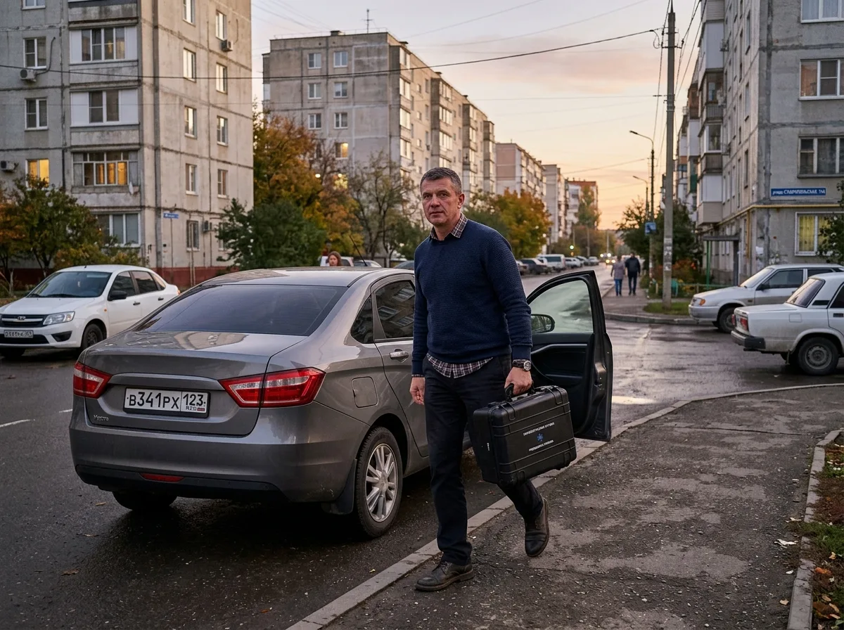 Врач-нарколог в гражданской одежде с медицинским чемоданчиком выходит из машины без опознавательных знаков, ранний вечер, спальный район Краснодара, уверенный профессиональный вид