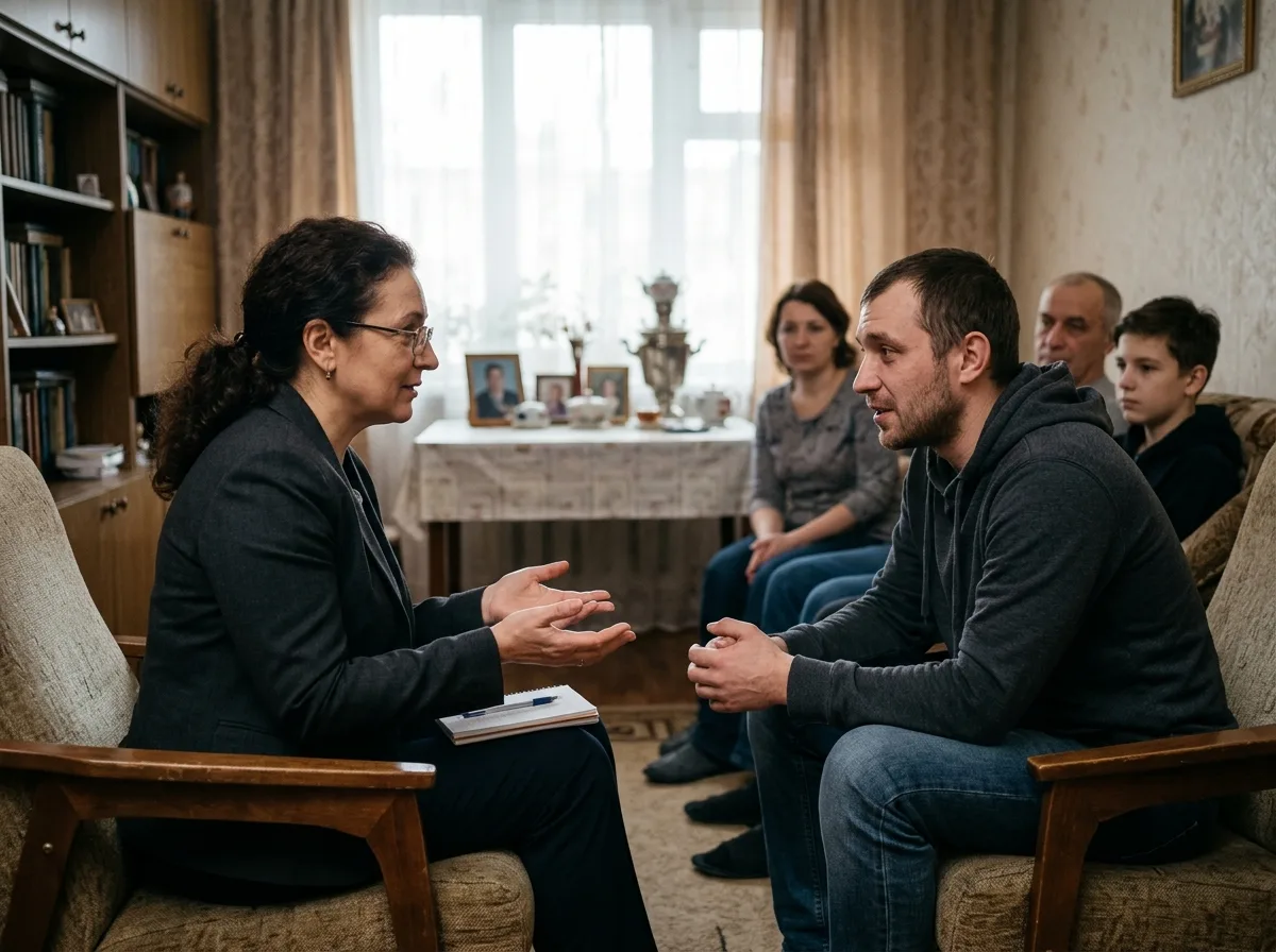 Психолог-нарколог ведёт доверительную беседу с зависимым пациентом в домашней обстановке, спокойный тон, открытый диалог, семья на фоне, мотивационная интервенция