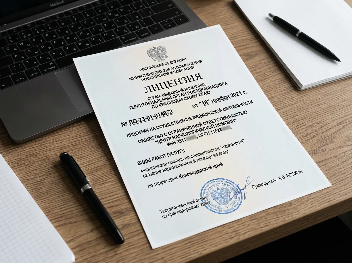 Скан лицензии Росздравнадзора № ЛО-23-01-014872 — официальный документ на оказание наркологической помощи на дому в Краснодарском крае