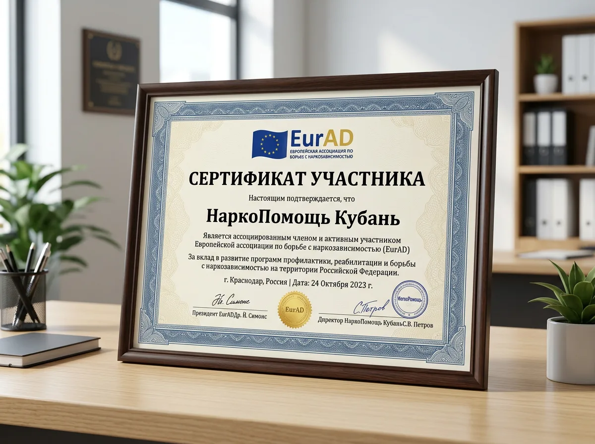 Сертификат участника EurAD — Европейской ассоциации по борьбе с наркозависимостью, выданный клинике НаркоПомощь Кубань