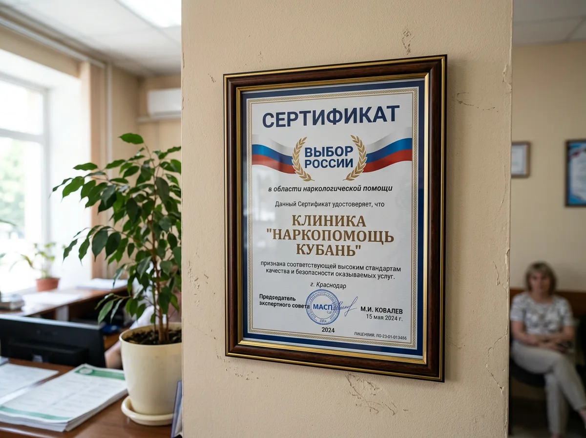 Знак Выбор России в области наркологической помощи, сертификат клиники НаркоПомощь Кубань, Краснодар